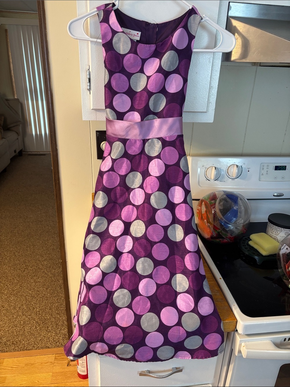 Ashley Ann Purple and Pink Polka Dot Formal Dress with Satin Waist